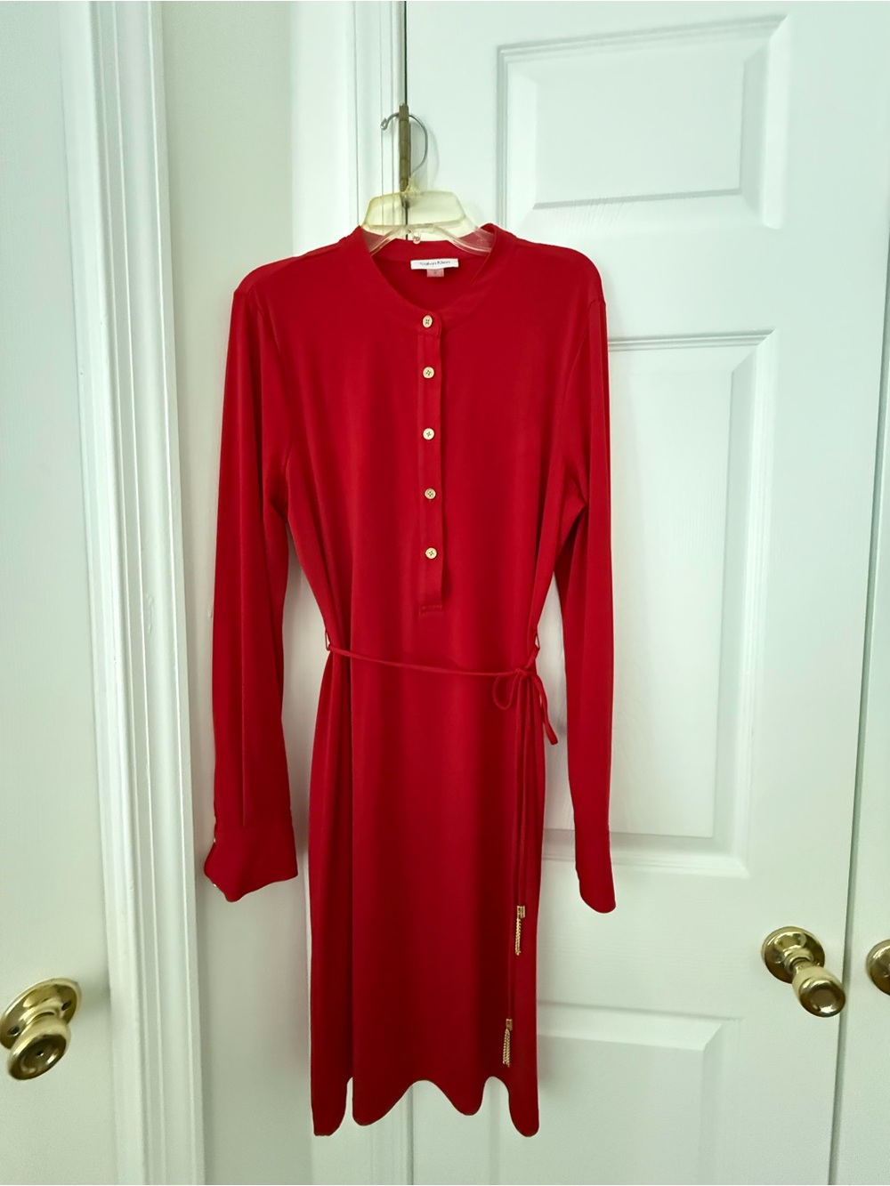 Calvin Klein Red Long-Sleeve Button-Front Belted Dress